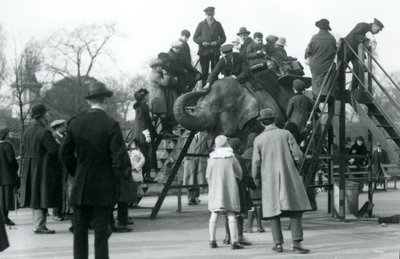 Menigten kijken naar bezoekers die op een olifant rijden, onder toezicht van verzorger Arthur Church, april 1923 door Frederick William Bond